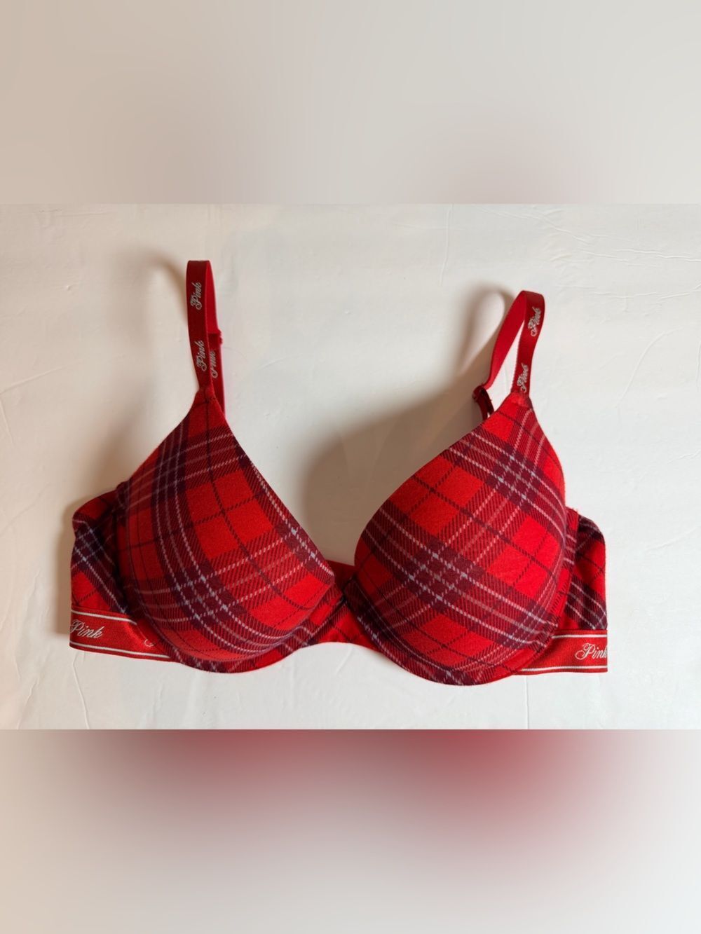 PINK Victoria's Secret Wear Everywhere Push Up Bra 34D Underwire Red Plaid